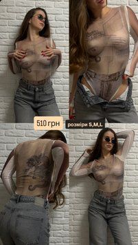 Боді прозоре з принтами 3814 фото